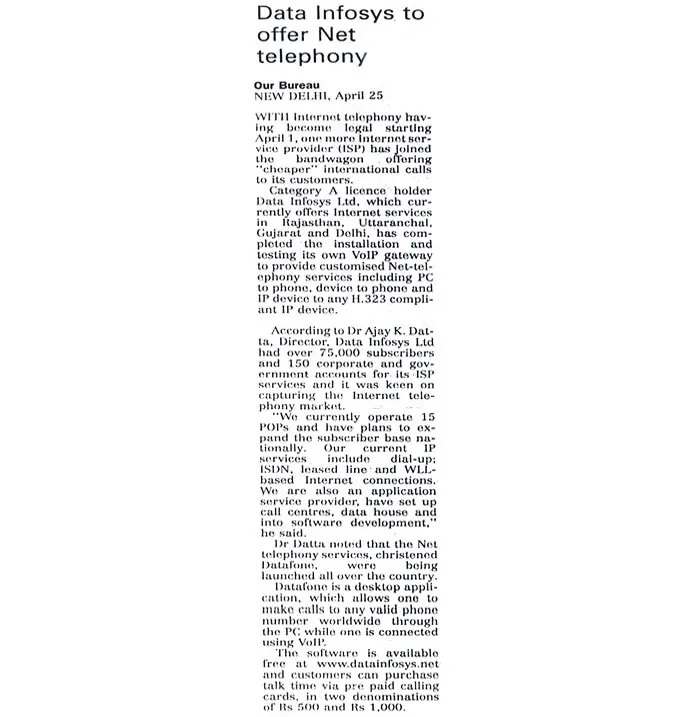 Data Ingenious Global Limited (Formerly Known as Data Infosys) to offer Net telephony- 25 April