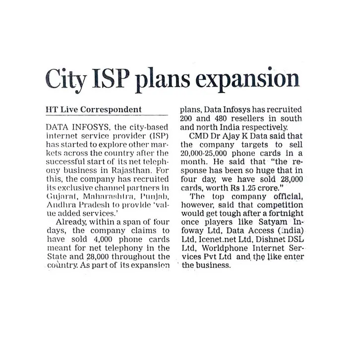 City ISP plans expansion- Hindustan Times