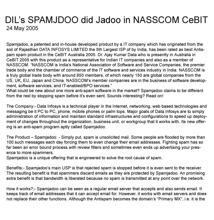 DIL’s SPAMJDOO did Jadoo in NASSCOM CeBIT- 24 May