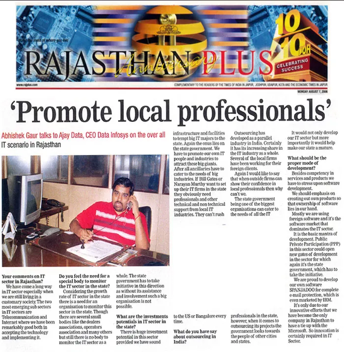 Promote local professionals’ Abhishek Gaur talks to Ajay Data, CEO of Data Ingenious Global Limited (Formerly Known as Data Infosys limited)- 27 August, Rajasthan Plus