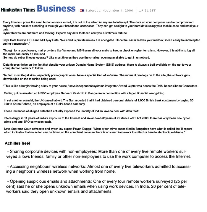 Hackers tunneling in broadband connection- 27 October, hindustantimes.com
