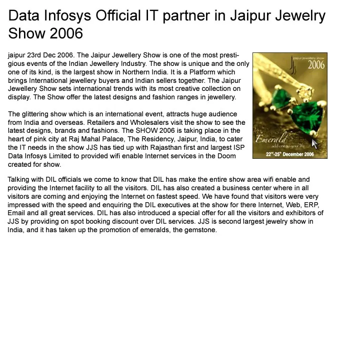 Data Ingenious Global Limited (Formerly Known as Data Infosys) Official IT partner in Jaipur Jewelry Show 2006