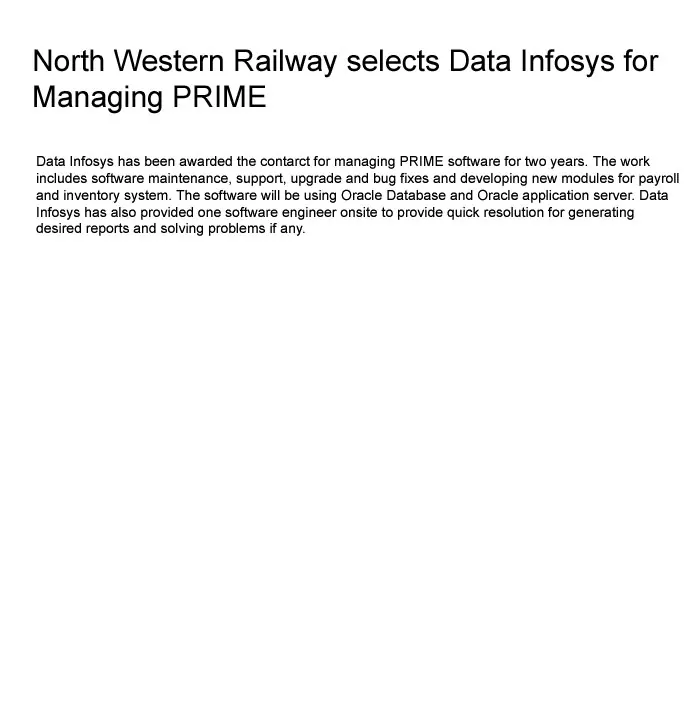North Western Railway selects Data Ingenious Global Limited (Formerly Known as Data Infosys) for Managing PRIME