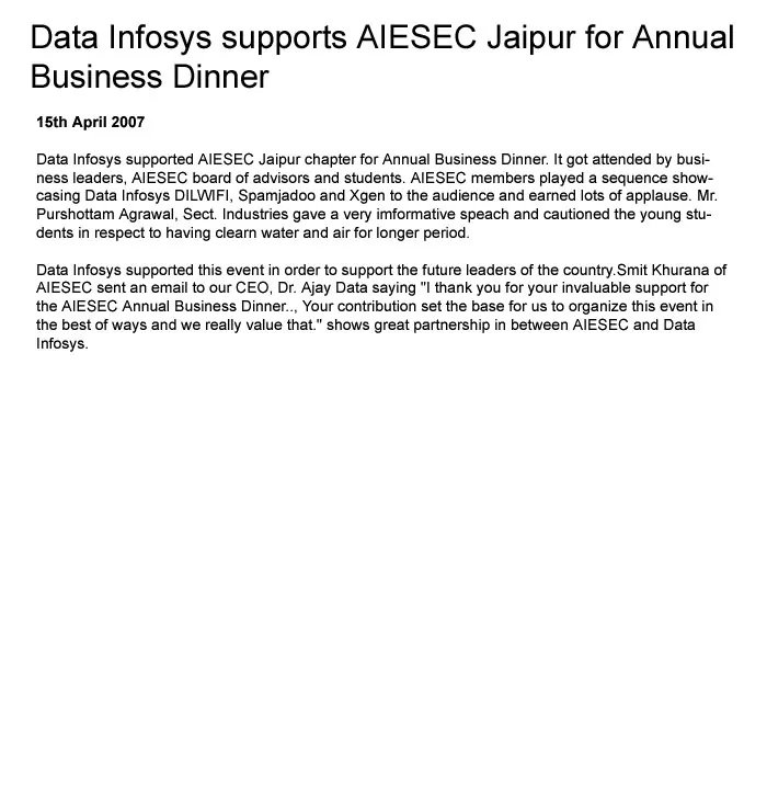Data Ingenious Global Limited (Formerly Known as Data Infosys) supports AIESEC Jaipur for Annual Business Dinner- 15 April