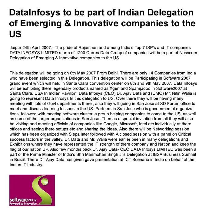 Data Ingenious Global Limited (Formerly Known as Data Infosys limited) to be part of Indian Delegation of Emerging & Innovative companies to the US- 24 April