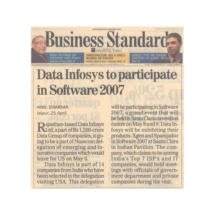 Data Ingenious Global Limited (Formerly Known as Data Infosys) to participate in Software 2007- 26 April, Business Standard