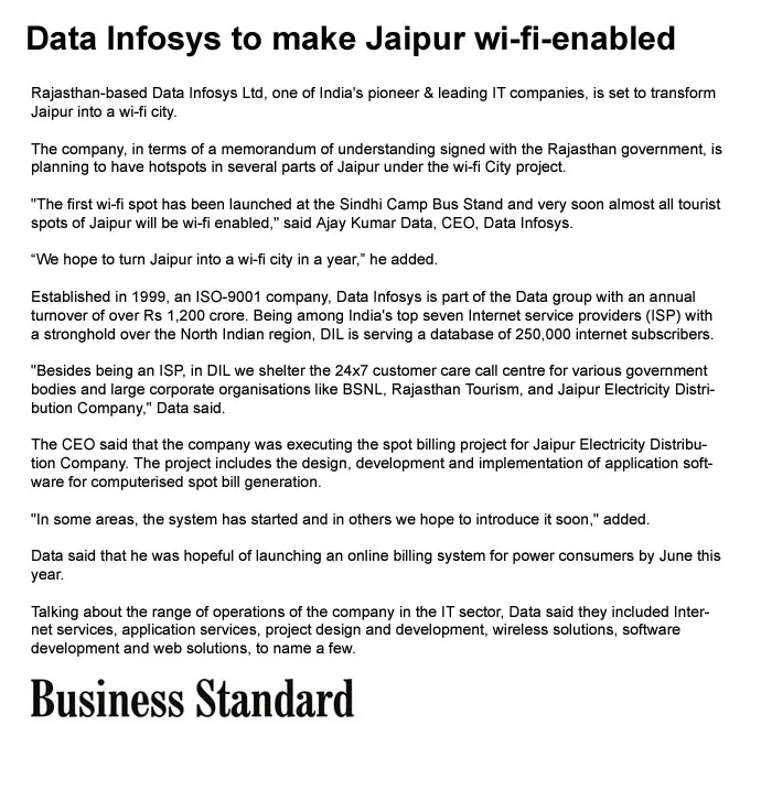 Data Ingenious Global Limited (Formerly Known as Data Infosys) to make Jaipur wi-fi-enabled- 14 March, Business Standard