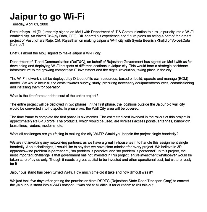 Jaipur to go Wi-Fi- 01 April,Voice & Data Connect