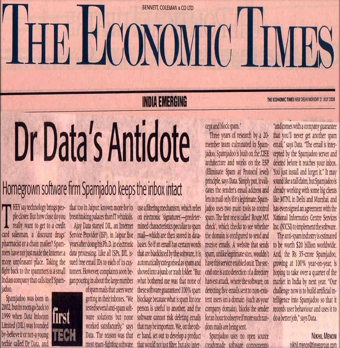 Homegrown software firm Spamjadoo keeps the inbox intact- 21 July, Economic Times