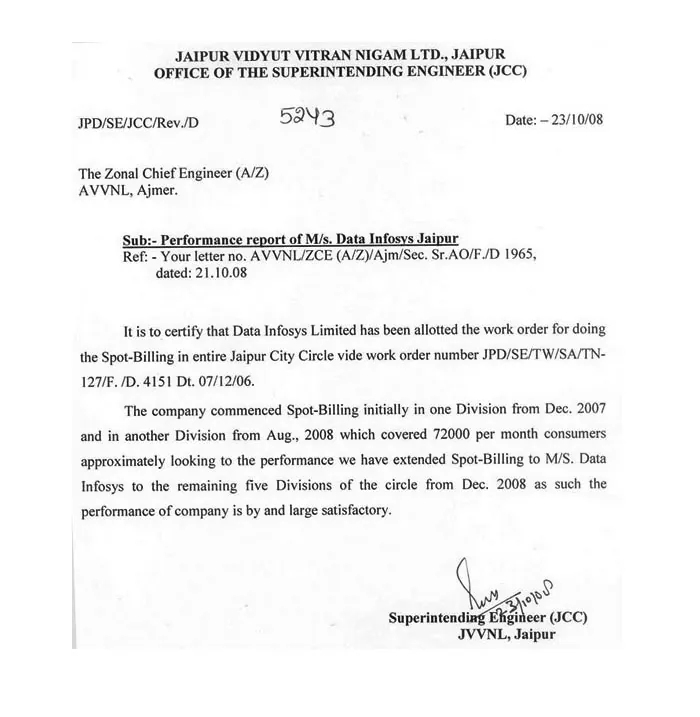 Data Ingenious Global Limited (Formerly Known as Data Infosys) has been allotted the work order for doing the Spot-Billing in entire Jaipur City vide- 23 October
