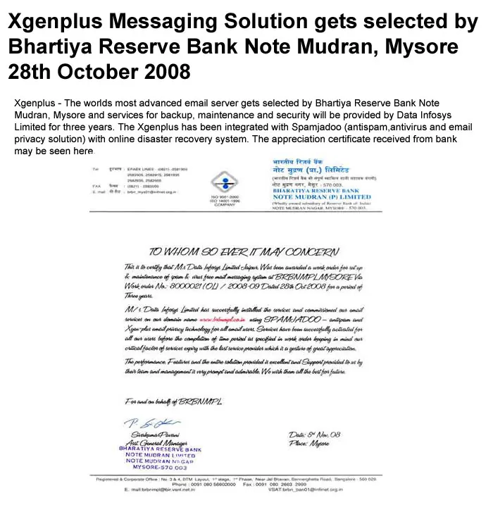 Xgenplus Messaging Solution gets selected by Bhartiya Reserve Bank Note Mudran,Mysore – 28th October 2008
