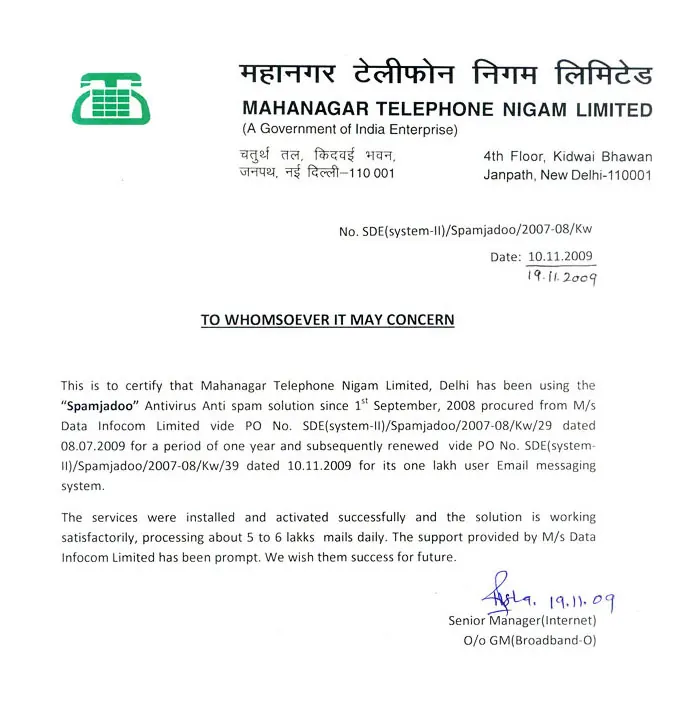Spamjadoo Get’s appreciate from MTNL Delhi.- 10 November