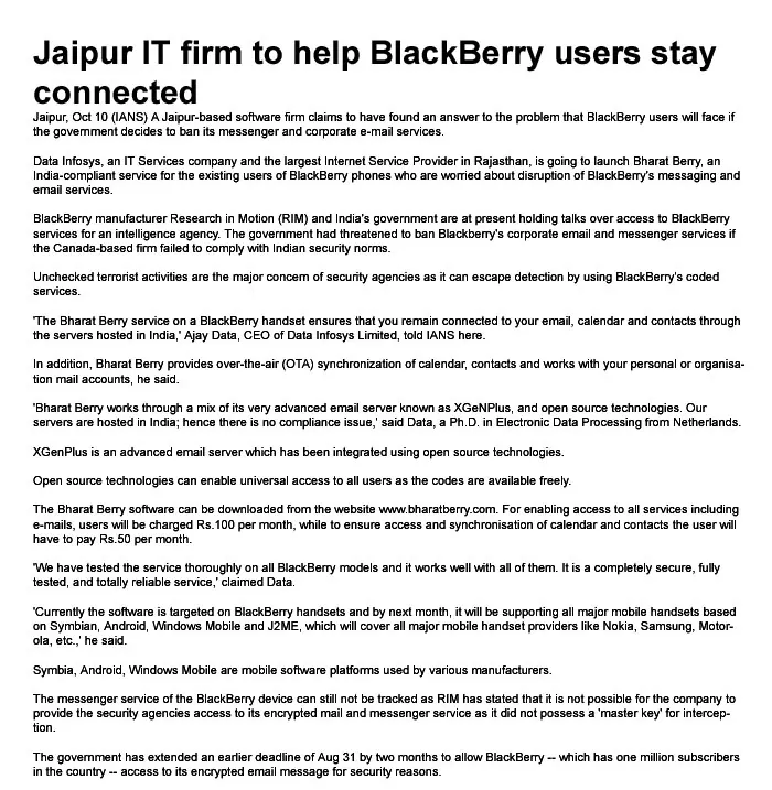 Jaipur IT firm to help BlackBerry users stay connected- 11th October