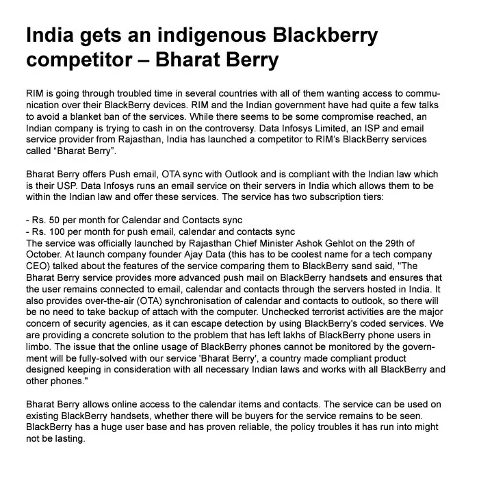 India gets an indigenous Blackberry competitor – Bharat Berry- 1 November, ZDnet USA