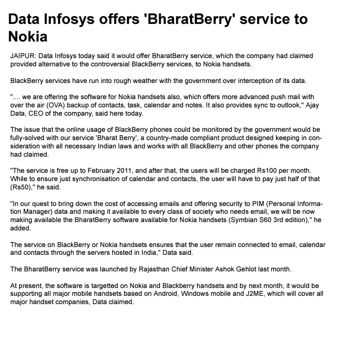 India’s Data Ingenious Global Limited (Formerly Known as Data Infosys) offers ‘BharatSync’ service to Nokia