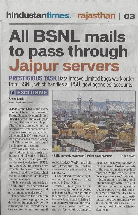All BSNL mails to pass through Jaipur Data Ingenious Global Limited (Formerly Known as Data Infosys) Servers- Hindustan Times