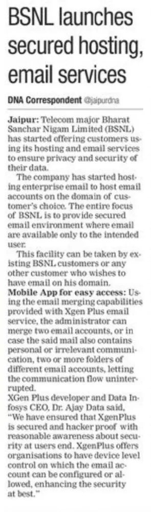 Data Ingenious Global Limited (Formerly Known as Data Infosys) collaborated with BSNL to launch secured Mail and Hosting at Re. 1 per day