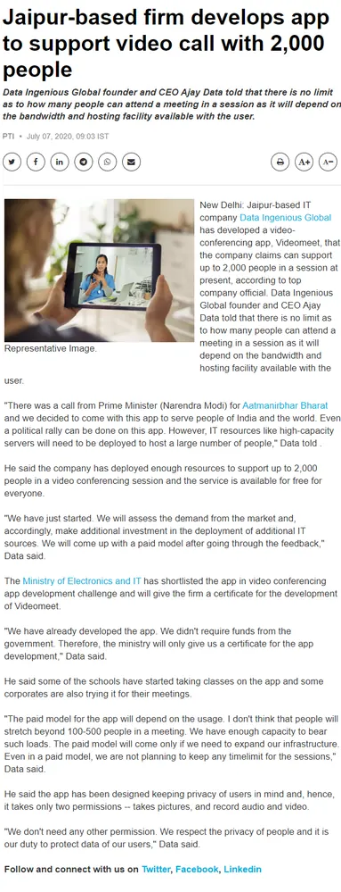 Jaipur-based firm Data Ingenious Global develops app to support video call with 2,000 people