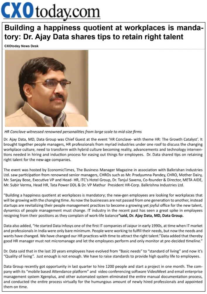 Building a happiness quotient at workplaces is mandatory: Dr. Ajay Data shares tips to retain right talent