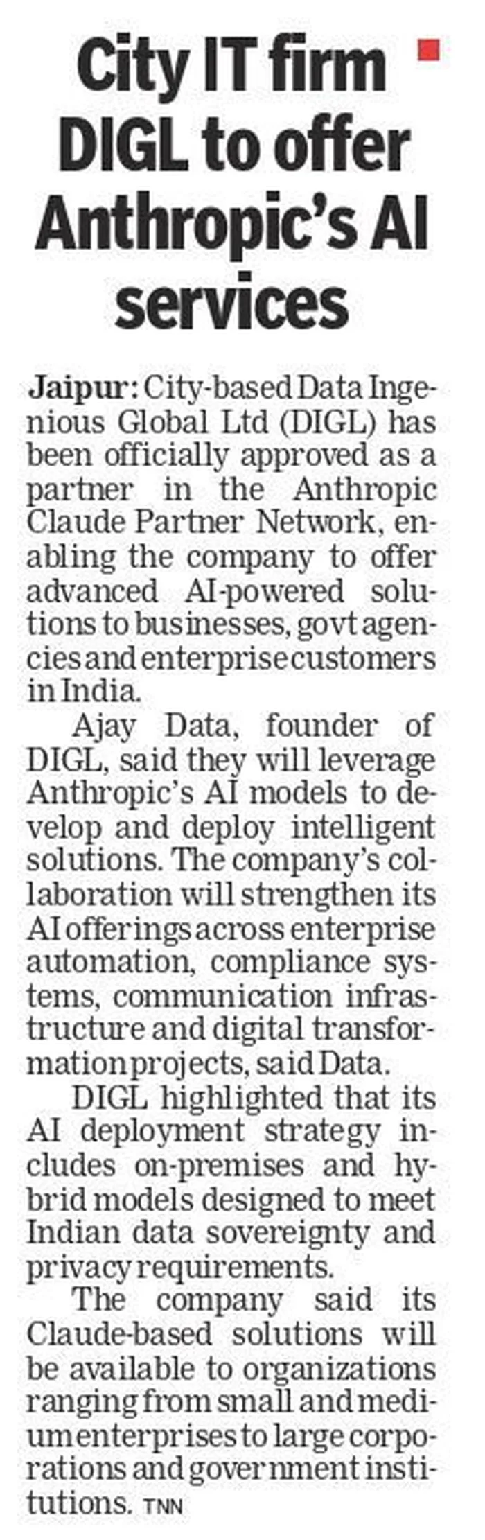 Times of India: Data Ingenious Global approved as a partner in Anthropic's Claude Partner Network